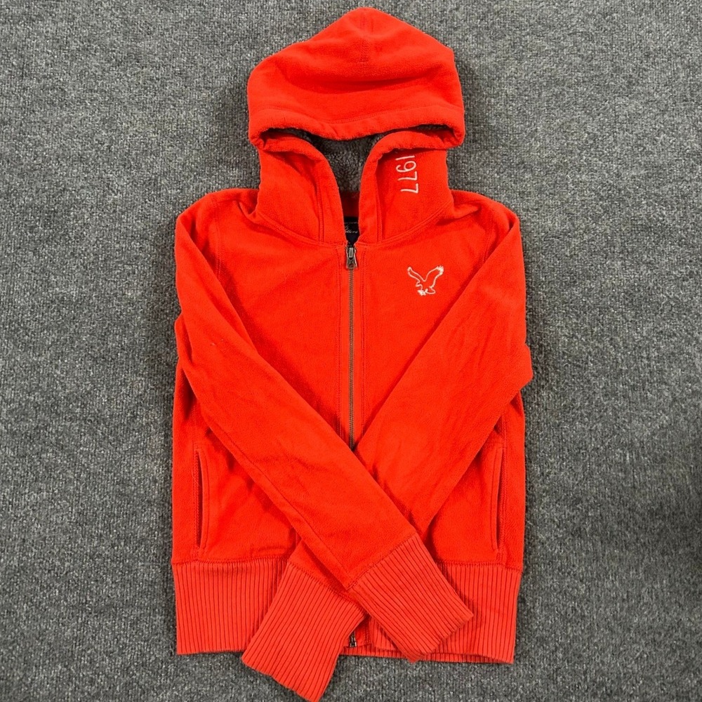American Eagle Hoodie Womens Size M Orange Red Fleece Zip Up Faux Shearling 1977